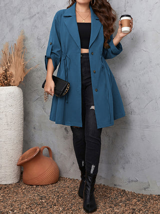 Curvy Figure Lapel Collar Drawstring Roll-Tab Sleeve Trench Coat