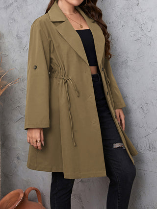 Curvy Figure Lapel Collar Drawstring Roll-Tab Sleeve Trench Coat