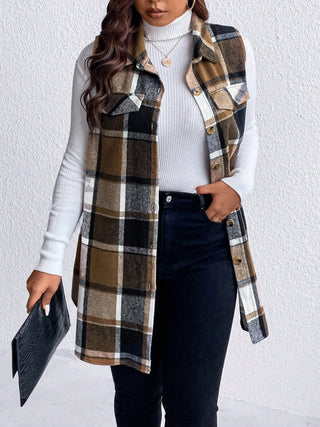 Curve Collective's Pocketed Plaid Button Up Vest Coat