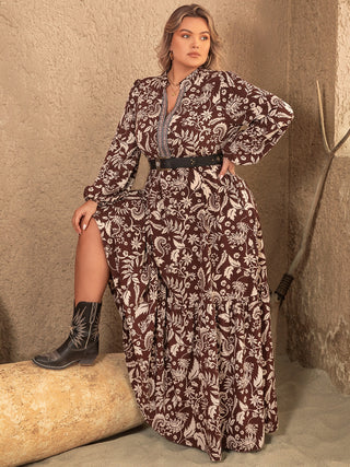 Curve Collective Notched Balloon Sleeve Printed Maxi Dress