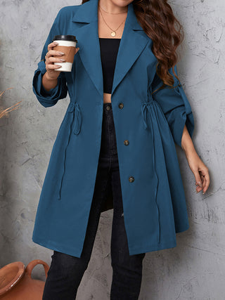 Curvy Figure Lapel Collar Drawstring Roll-Tab Sleeve Trench Coat