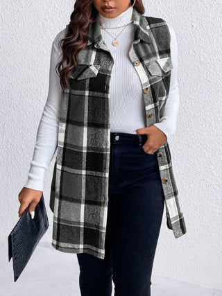 Curve Collective's Pocketed Plaid Button Up Vest Coat