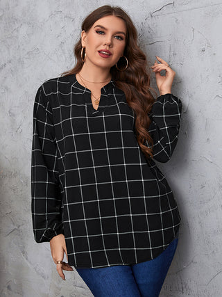 Curvy Figure Notched Neck Plaid Long Sleeve Blouse