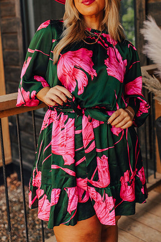 Curve Collective Printed Lantern Sleeve Ruffle Hem Dress