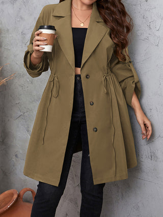 Curvy Figure Lapel Collar Drawstring Roll-Tab Sleeve Trench Coat