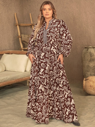 Curve Collective Notched Balloon Sleeve Printed Maxi Dress