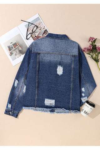 Curve Collective's Distressed Button Up Raw Hem Denim Jacket