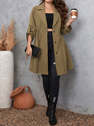 Curvy Figure Lapel Collar Drawstring Roll-Tab Sleeve Trench Coat