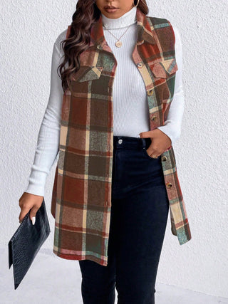 Curve Collective's Pocketed Plaid Button Up Vest Coat