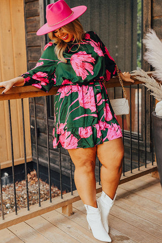 Curve Collective Printed Lantern Sleeve Ruffle Hem Dress
