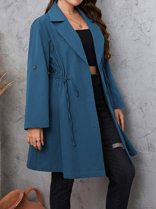 Curvy Figure Lapel Collar Drawstring Roll-Tab Sleeve Trench Coat